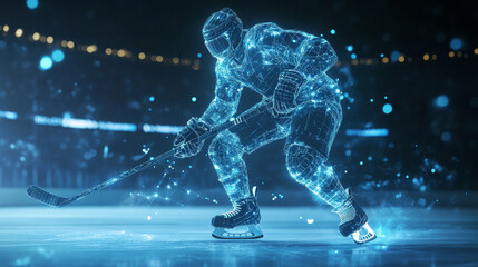 Poster - Hologram hockey. Consists of polygons, triangles of points and lines. Hockey player low poly compound structure. The technology concept.