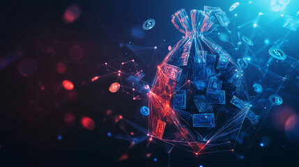 Poster - Hologram bag of money. The dollar bag consists of polygons, triangles of points, and lines. Money is a low poly connection structure. The technology concept.