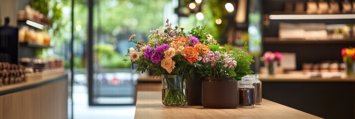 Aufkleber - Stylish storefront display showcasing vibrant flowers in glass vases and a cozy interior atmosphere. Generative AI
