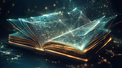 Poster - Hologram book. An open book of polygons, triangles of points and lines. Open book icon low poly connection structure. Technology concept vector.