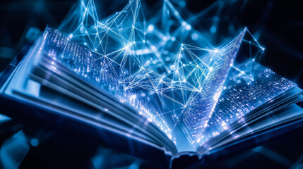 Poster - Hologram book. An open book of polygons, triangles of points and lines. Open book icon low poly connection structure. Technology concept vector.