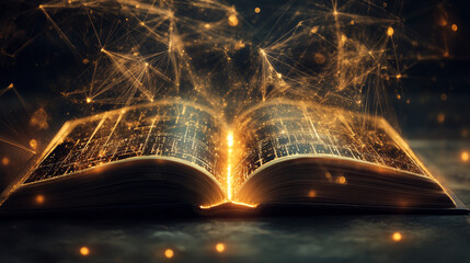 Poster - Hologram book. An open book of polygons, triangles of points and lines. Open book icon low poly connection structure. Technology concept vector.