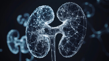 Poster - Hologram kidney. Pain in the kidneys made up of polygons, triangles, dots and lines. Kidney is a low poly compound structure. The technology concept.