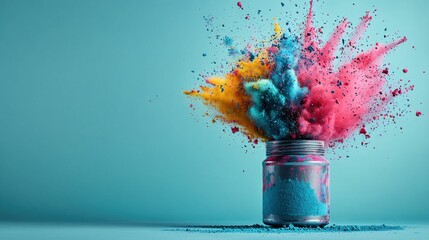 Poster - Colorful paint explosion in a jar studio setting high-impact visual vibrant environment dynamic perspective
