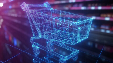 Poster - A hologram of a grocery cart. A grocery cart made of polygons, triangles of points and lines. Grocery cart icon low-poly connection structure. Technology concept vector.