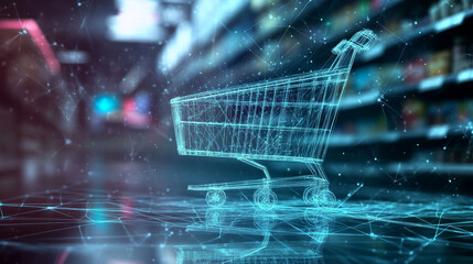 Poster - A hologram of a grocery cart. A grocery cart made of polygons, triangles of points and lines. Grocery cart icon low-poly connection structure. Technology concept vector.