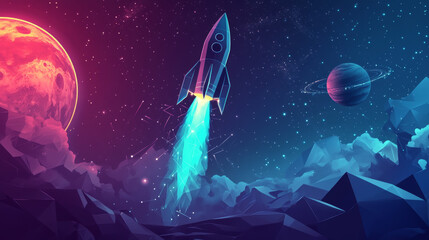 Poster - The rocket over the planet is a hologram. The rocket technology consists of polygons, triangles of dots and lines. The Rocket icon is above a planet with a low-poly connection structure. vector.