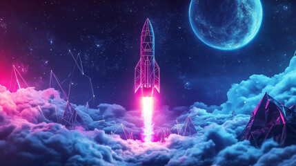 Poster - The rocket over the planet is a hologram. The rocket technology consists of polygons, triangles of dots and lines. The Rocket icon is above a planet with a low-poly connection structure. vector.