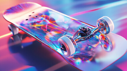 Poster - Skateboard: Poly-Mesh Hologram and Vector Design. This skateboard merges holographic motifs with vector graphics, blending performance with urban style.