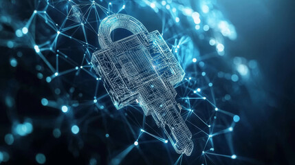 Poster - the digital key is a hologram. the high-tech lock consists of polygons, triangles of dots and lines.