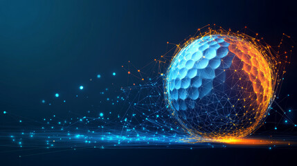 Poster - A golf hologram. A golf ball made of polygons, triangles of dots and lines. Golf is a low-poly compound structure. Technology concept vector.