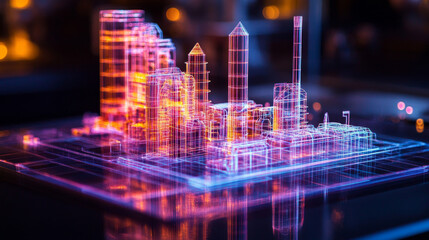 Poster - the hologram industry. cooling towers made of polygons, triangles of points and lines. factory low-p