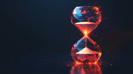 Poster - An hourglass hologram. An hourglass made of polygons, triangles of dots and lines. The hourglass is a low-poly compound structure. Technology concept vector.