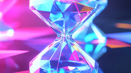 Poster - An hourglass hologram. An hourglass made of polygons, triangles of dots and lines. The hourglass is a low-poly compound structure. Technology concept vector.
