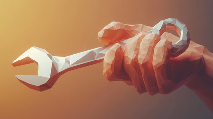 Poster - a hologram in the hand of a wrench. in his hand is a wrench made of polygons, triangles of dots and 