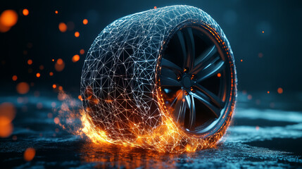 Poster - the hologram wheel. a tire made of polygons, triangles of points and lines. the wheel is on fire wit