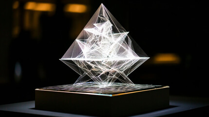 Poster - the hologram is a reward. the reward in the hand consists of polygons, triangles of dots and lines. 