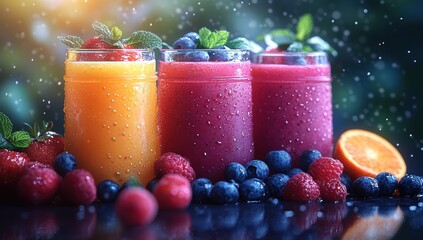 Wall Mural - glasses of various smoothies for healthy dieting breakfast.