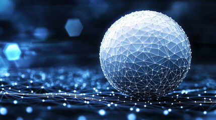 Poster - a golf hologram. a golf ball made of polygons, triangles of dots and lines. the golf ball is a low-p