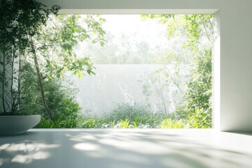 Poster - Bright garden view through a large window offering a tranquil outdoor experience in contemporary design setting. Generative AI