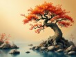 © Vancouver - Artistic Japanese bonsai tree on a rocky landscape with a calm sea in the background. Ideal for zen designs, nature themes, and peaceful scenic visuals.