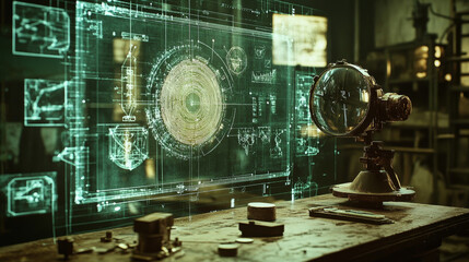Poster - Hologram analysis. Analysis of polygons, triangles of points and lines. The magnifier gears are a low-poly joint structure. Technology concept vector.