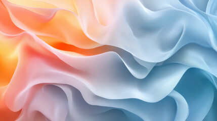 Wall Mural - Soft fabric waves in gradient colors of orange, white, and blue create serene and calming atmosphere. smooth transitions evoke sense of tranquility and elegance