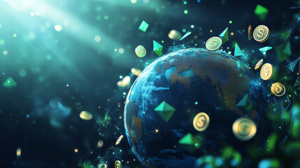 Poster - the hologram is money. coins and a planet made of polygons, triangles of dots and lines. money is a 