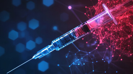 Poster - a hologram of an injection into a virus. vaccination of polygons, triangles of dots and lines. injec