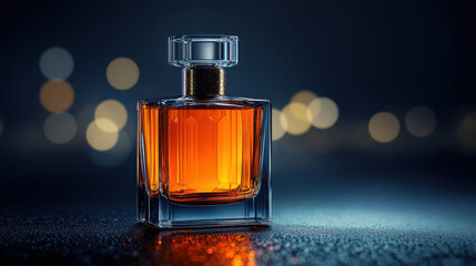 Wall Mural - Elegant glass perfume bottle with glowing orange liquid, set against blurred background of soft lights, creating luxurious and inviting atmosphere