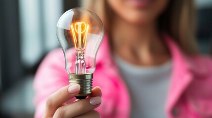 Poster - A close-up of a person holding a glowing light bulb, symbolizing creativity, ideas, and inspiration in a modern setting.