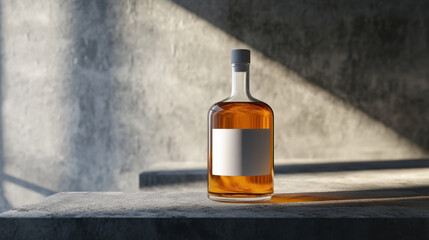 Wall Mural - elegant spirits bottle with textured glass, showcasing amber liquid and blank label, illuminated by soft light in minimalist setting