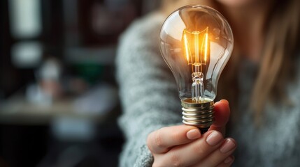 Poster - A person holding a glowing light bulb, symbolizing ideas, innovation, and creativity in a warm, inviting setting.