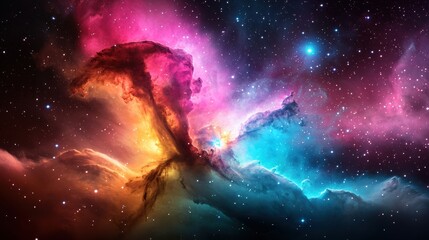 Poster - A vibrant cosmic scene showcasing swirling colors of pink, blue, and orange against a backdrop of stars and nebulae.