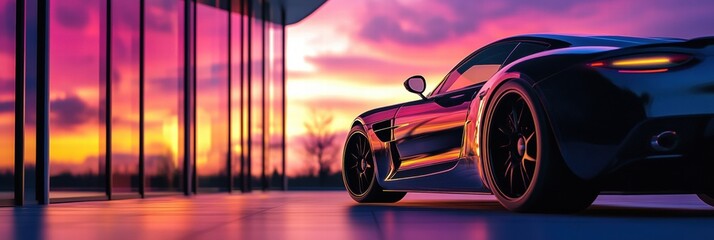 Poster - Luxury car parked in a modern setting with a vibrant sunset reflecting on sleek surfaces. Generative AI