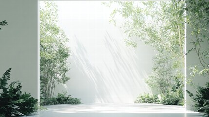 Aufkleber - Bright garden view through a large window showcasing lush greenery and natural light. Generative AI