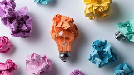 Poster - a vibrant image featuring a light bulb made of crumpled paper amidst colorful paper scraps, symboliz