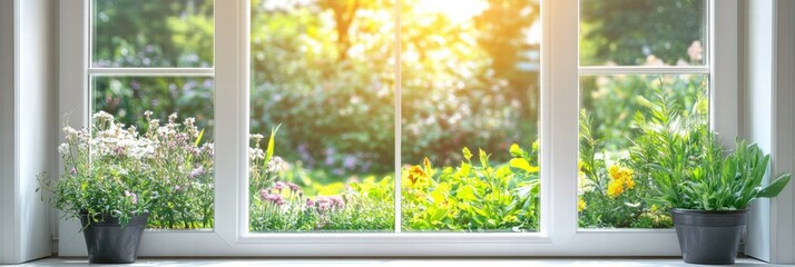 Leinwandbilder - Bright flowers and green plants visible through a sunny window with a garden view. Generative AI