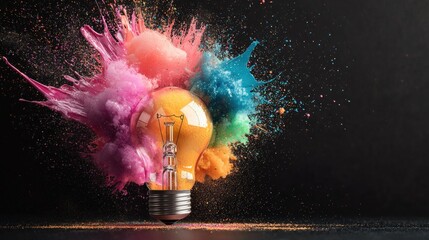 Poster - A vibrant light bulb surrounded by an explosion of colorful powder against a dark background, symbolizing creativity and innovation.