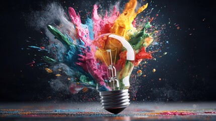 Poster - A vibrant light bulb bursts with colorful splashes of paint, symbolizing creativity and innovation in a striking visual display.