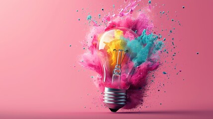 Poster - A vibrant light bulb surrounded by colorful powder bursts against a pink backdrop, symbolizing creativity and innovation.