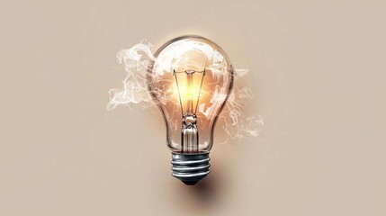 Poster - A glowing light bulb emits a warm glow, surrounded by soft smoke against a neutral background, symbolizing ideas and innovation.
