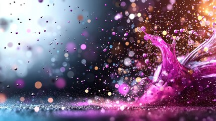 Poster - A vibrant splash of pink liquid surrounded by colorful droplets, creating an artistic and dynamic visual effect.