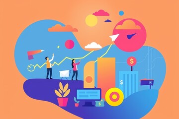 Wall Mural - Business Growth Strategy: Illustration of a team collaborating to achieve business growth, symbolized by an upward-trending graph, a paper airplane representing ideas taking flight.