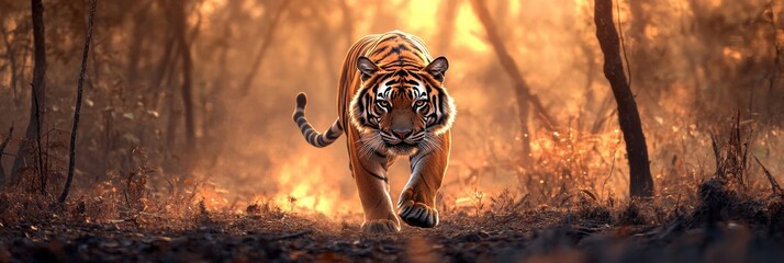 Poster - Solitary tiger walks through deforested jungle at sunset with warm light illuminating the surroundings. Generative AI