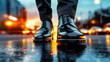 © Oleksandr - Businessman walking on wet street at sunset in the city
