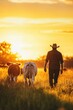 © Юля Бурмистрова - Golden hour stroll through fields with cows under a vibrant sunset. Generative AI