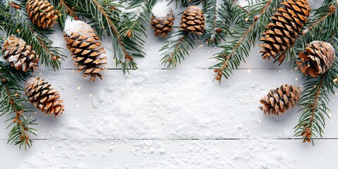 Fototapete - A close-up of a white hardwood tabletop perspective with fuzzy illumination fir branches and cones as well as snow in the winter background along with a large content space, Generative AI.