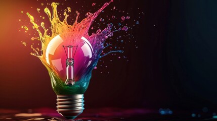Poster - A vibrant light bulb with colorful paint splashes, symbolizing creativity and innovation against a dark background.