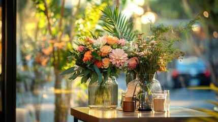 Poster - Stylish storefront display featuring vibrant flowers in glass vases during a sunny afternoon. Generative AI